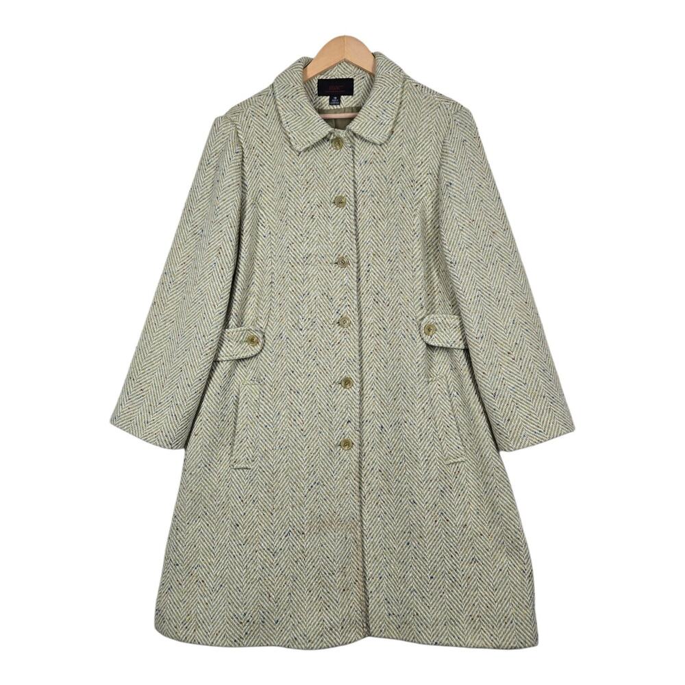 MAC Mackintosh Coat Sz 18 Green Herringbone Wool Blend Tweed Classic Preppy